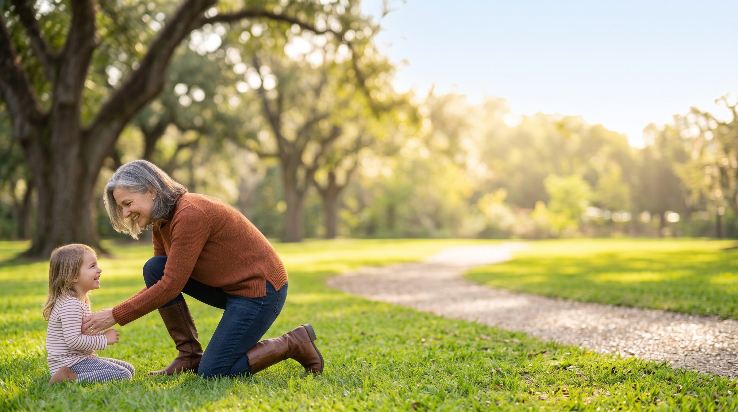 A parent joyfully reaching for their child outdoors, living pain-free